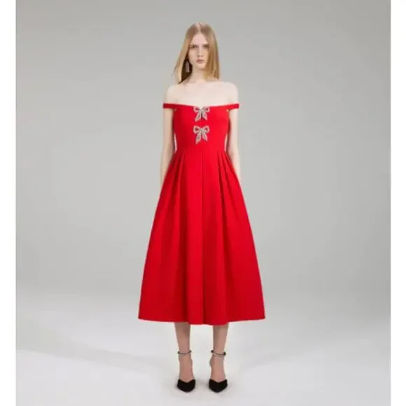 self portrait red pleated dress Burgundy Chiffon Feather Midi Dress self-portrait-US